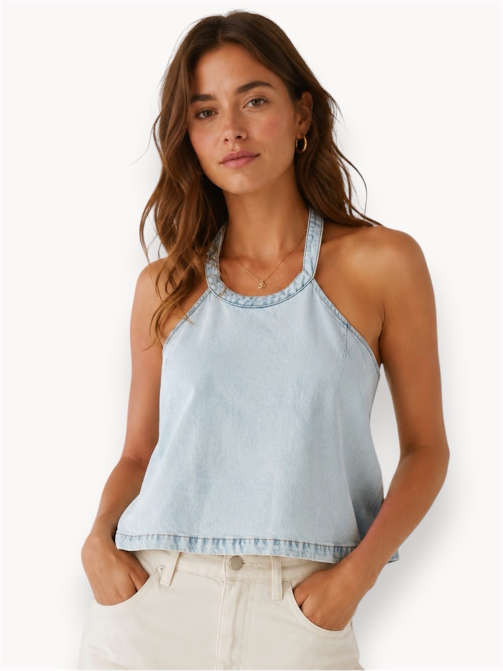 WeWoreWhat Light Blue Denim Halter Crop Top